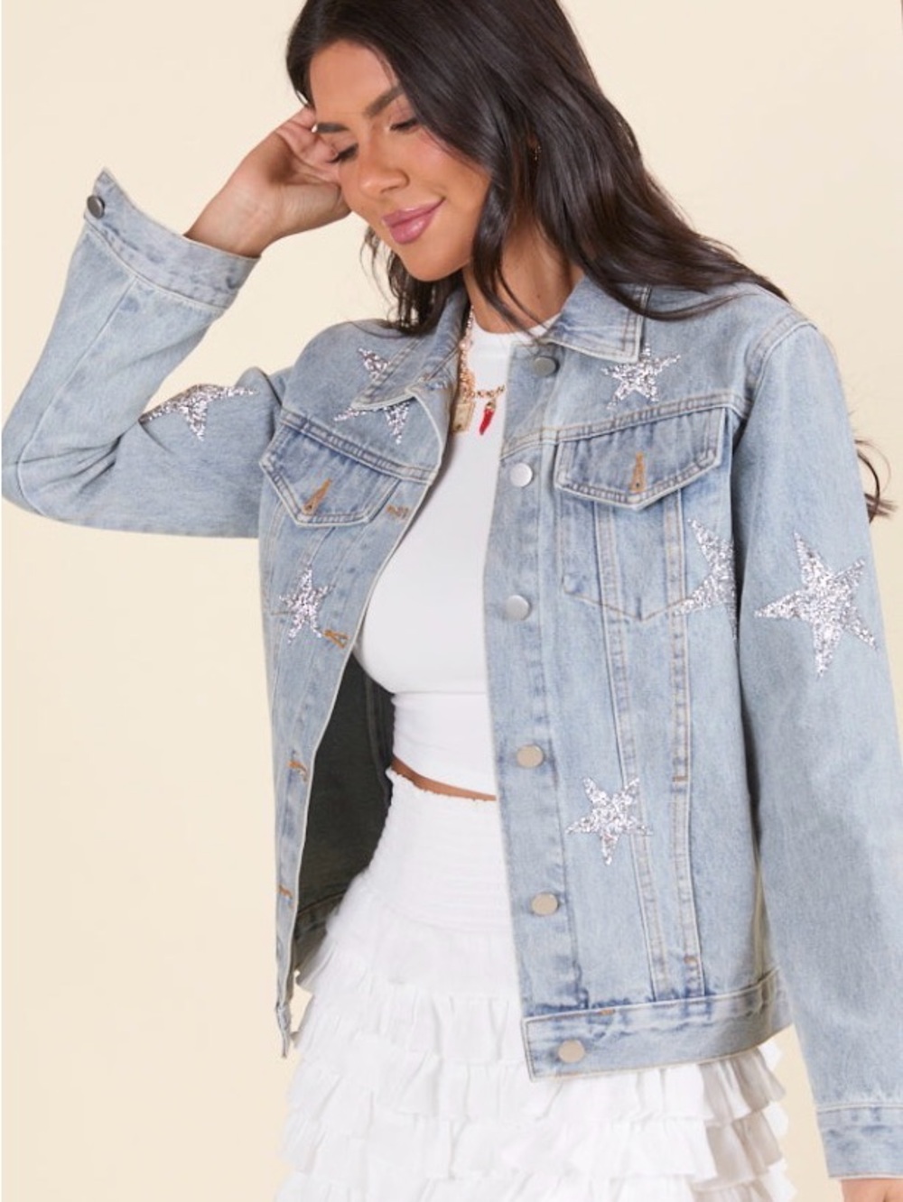 Sequin Star Light Blue Denim Jacket - Women